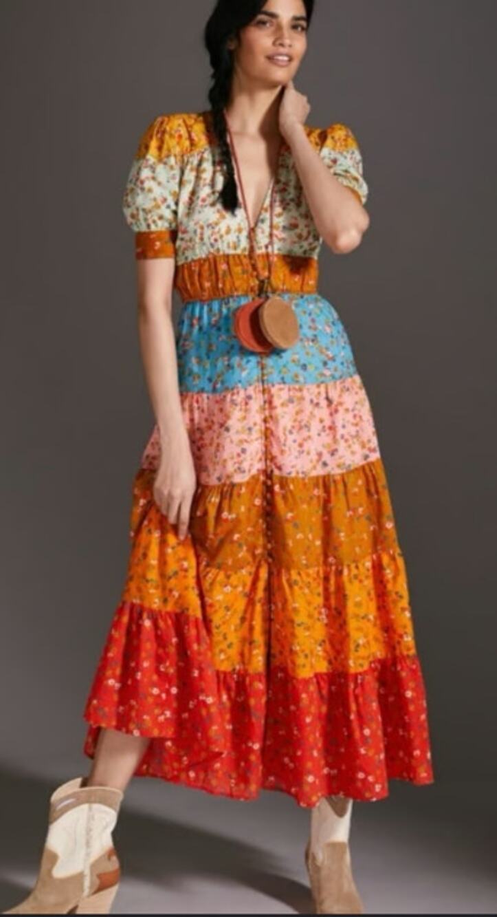 Anthropologie Tiered & True Multicolor Floral Colorblock V Neck Maxi Dress XXS